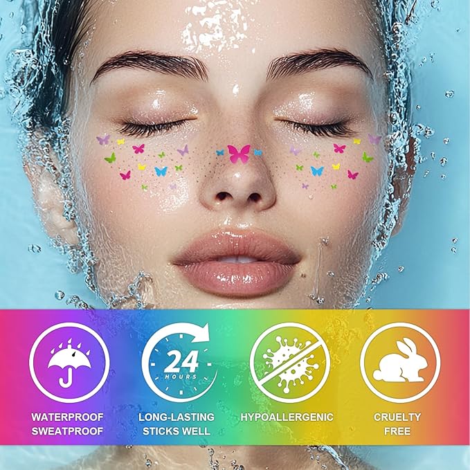 8Pcs Face Makeup Patches, Glitter Freckles Face Tattoo for Teenagers & Young Women, Sparkle Freckles Makeup Patches, Waterproof Face Glitter Freckles for Christmas (8PcsE Rainbow)