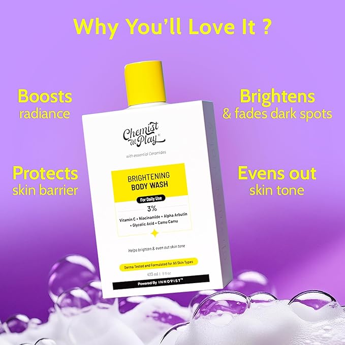 Chemist at Play Brightening Body Wash | Glowing Skin Vitamin C Bodywash | Helps to Reduce Fades Dark Spots, Evens out Skin Tone | Alpha Arbutin | 30X Vitamin C | For Women & Men | 15.9 Fl oz