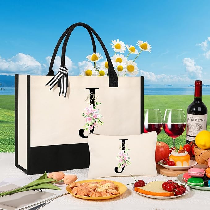 AYGE Personalized Initial Canvas Beach Tote, Monogrammed Gifts for Women, Makeup Bag, Birthday Gifts for Sister, Mom, Teacher, Bridesmaid