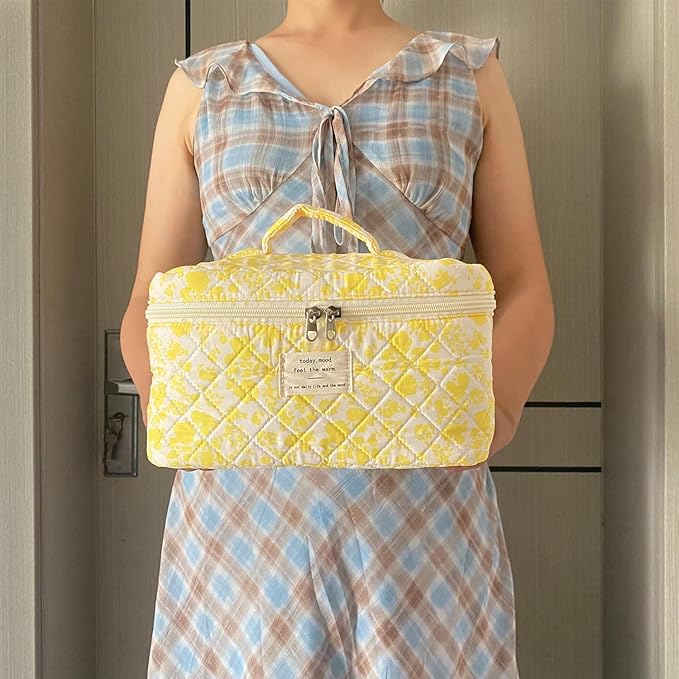 Yellow Large Quilted Floral Makeup Bag Cute Soft Coquette Aesthetic Cosmetic Bag Cotton Travel Toiletry Bag for Women