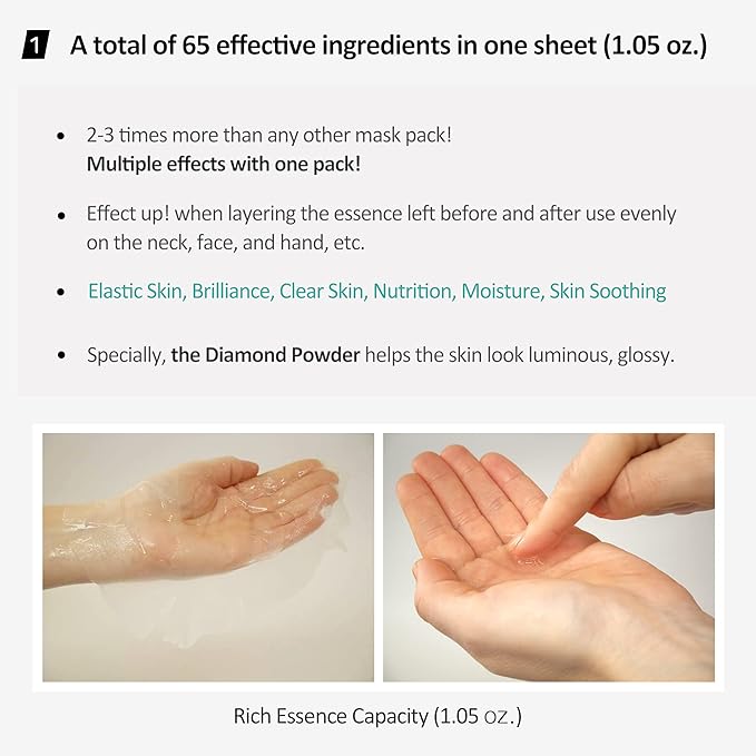 Diamond Ampoule Sheet Mask (pack of 10) Korean Collagen Face Facial Mask Pack for Elastic Skin, Vitality, Moisture, Brilliance, Nutrition, Skin Soothing | Skincare