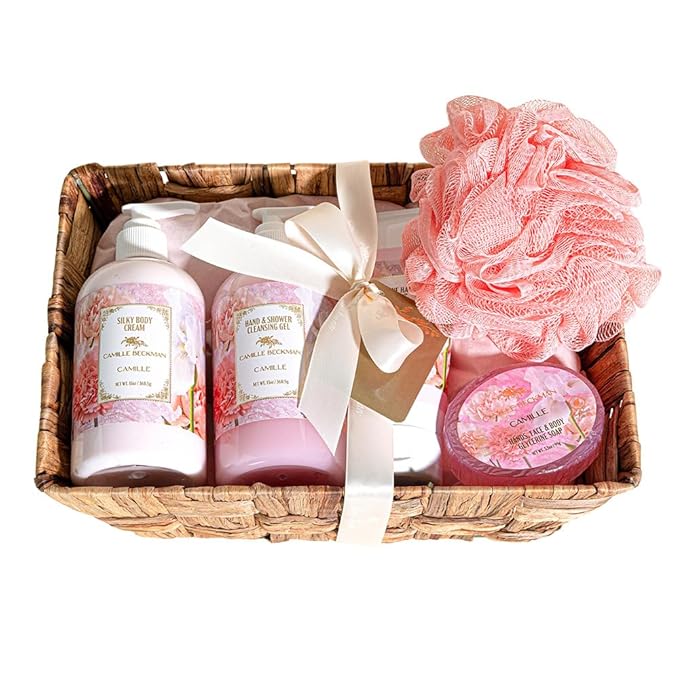 Camille Beckman Essentials Gift Basket, Camille, Glycerine Hand Therapy 6 oz, Silky Body Cream 13 oz, Hand and Shower Cleansing Gel 13 oz, Glycerine Soap 3.5 oz, Bath Body Net, and Gift Basket