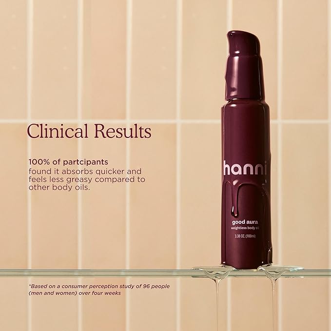 HANNI Good Aura Dry Body Oil, Lightweight After-Shower Moisturizer with Jojoba, Coconut, Baobab, and Buriti Oils, Non-Greasy Skincare for Soft Skin, 100 mL / 3.38 oz