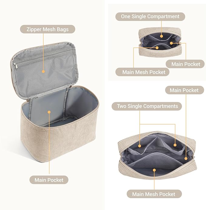 MAGEFY Small Makeup Bag for Purse Mini Cosmetics Bag Corduroy Cute Cosmetic Pouch for Women with Slip-in Pockets