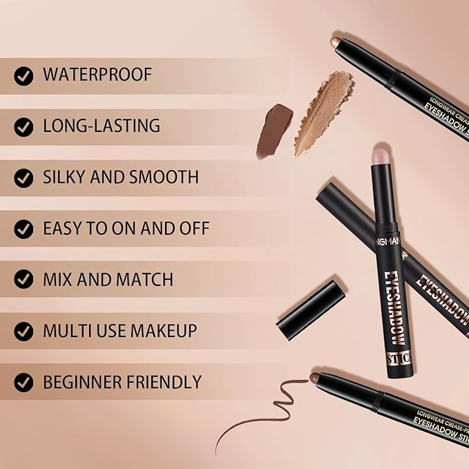 Matte Cream Eyeshadow Stick, Waterproof Eye Shadow Stick, Long-Lasting and Blendable High Pigmented Single Eyeliner Makeup for Women, 2 Pecan