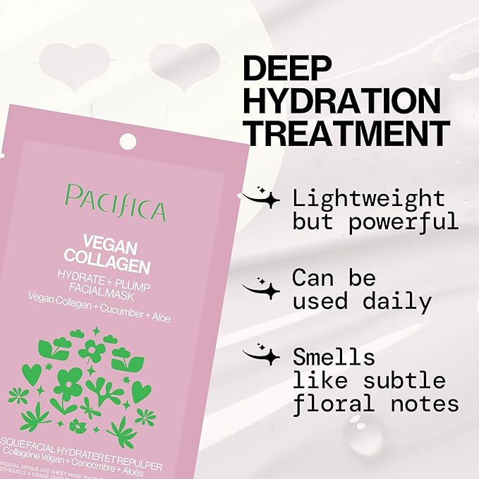 Pacifica Sheet Face Mask - Vegan Collagen Hydrate & Plump with Cucumber & Aloe – Moisturizing Mask for Dry & Aging Skin - Clean Beauty Vegan & Cruelty-Free Dermatologist Tested