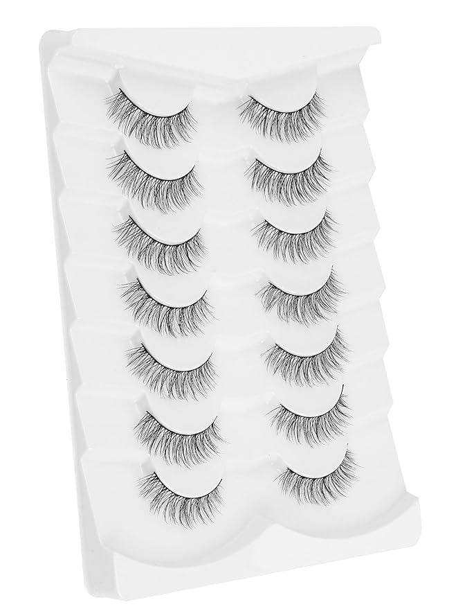 Eyelashes Short Natural Lashes Wispy Eyeashes Natural Look 10mm Strip Lashes False Eyelashes C Curl Eye Lashes Pack 0.1MM Thin Band 3D Volume Soft Eyelash Siligli Lash 7 Pair