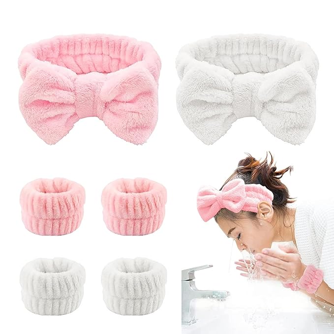 Makeup headband,spa Headband and Wristband Set,bubble Skincare Headbands with Wristbands and Hair Scrunchies Set for Skin Care Makeup Removal Shower(pink+white)