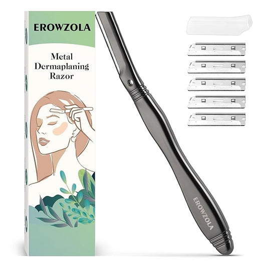 Eyebrow Razor for Women and Men, Face Razors for Women, Dermaplane Razor with Protective Silicone Cover, Reusable Metal Handle with 6 Refill Blades, Skin Care Tool - Matte Black