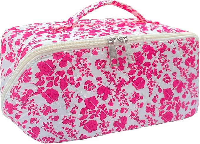 Rose Red Large Quilted Floral Makeup Bag Cute Coquette Aesthetic Cosmetic Bag Open Flat Travel Toiletry Make up Bag for Women