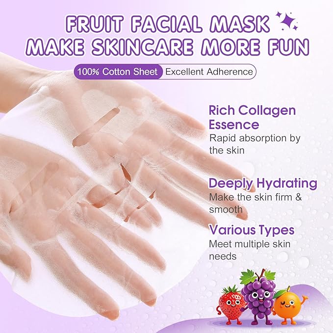 70 Pack Collagen Hydrating Face Masks Skincare for Women, Cute Fruit Face Mask Skin Care for Kids Teens, Bulk Sheet Facial Masks Set for All Skin Types, Spa Party Supplies for Girls, Birthday Gifts