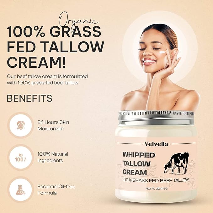 Beef Tallow for Skin - 100% Organic Grass-Fed Tallow Whipped Moisturizer | Unscented, Face + Body, 4 FL. oz Natural Nourishment