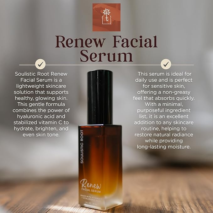 Renew Facial Serum w/Vitamin C & Hyaluronic Acid – Skincare Blend for Face, Sensitive Skin, Brightening Care, Vitamin C Serum for Dark Spots & Even Tone – 1 oz Bottle