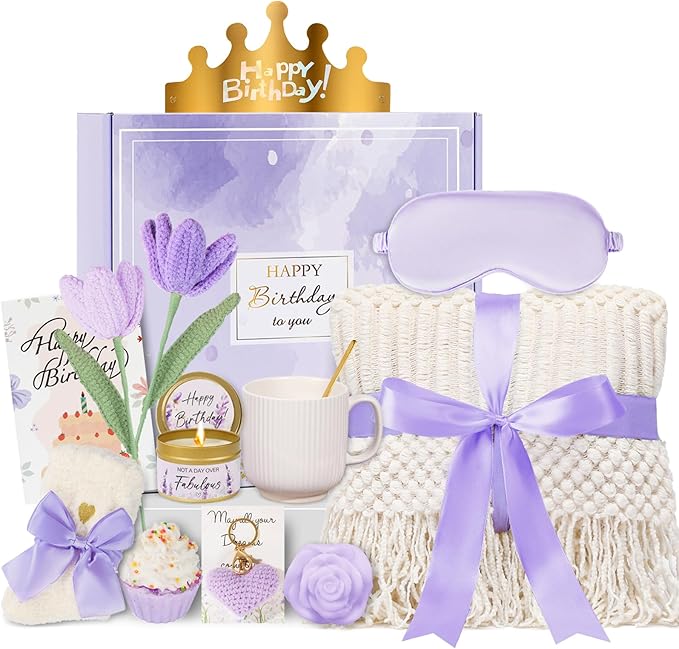 Birthday Gifts for Women - 13PCS Unique Happy Birthday Gifts Basket for Mom Her Best Friend Sister Wife Girlfriend Coworker - Relaxing Spa Self Care Package Get Well Soon Gifts Set (Lavender)