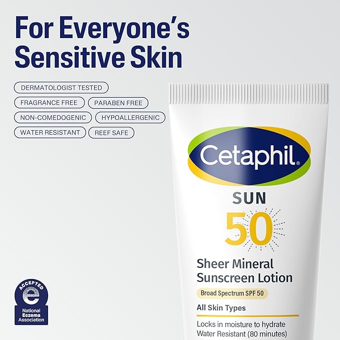 CETAPHIL Sheer Mineral Sunscreen Lotion for Face & Body 3 fl oz 100% Mineral UVA/UVB Filters: Zinc Oxide & Titanium Dioxide Broad Spectrum SPF 50 For Sensitive Skin Dermatologist Recommended Brand