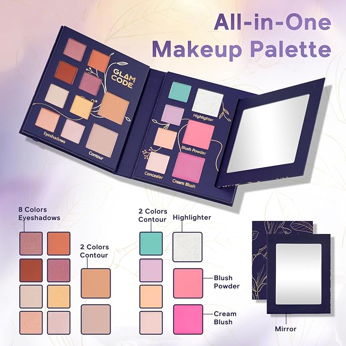 Glam Code Makeup Palette for Face, All in One Cosmetics Pallet for Women & Girls, Travel Size Make Up Palette Includes Eyeshadow, blush, Highlighter, Contour Powder, Concealer & Mirror, 01