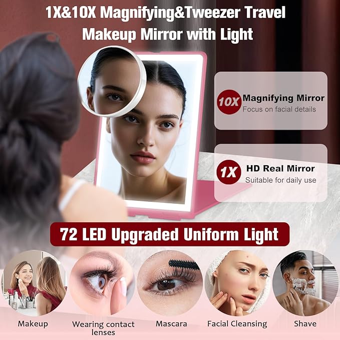 Travel Makeup Mirror with Light, Rechargeable Portable Folding Compact Mirror Set with Tweezer, Lighted Makeup Mirrors with 72 LED 3 Color Light Modes, Dimmable Touch Screen LED Mirrors-Rosy
