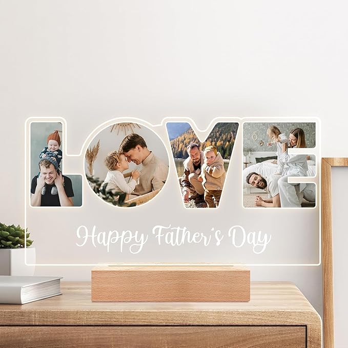 Custom Picture Frames with Photo, Personalized LOVE Photo Frame with Night Light, Customized Picture Frame, Personalized Christmas Fathers Day Birthday Gifts for Dad