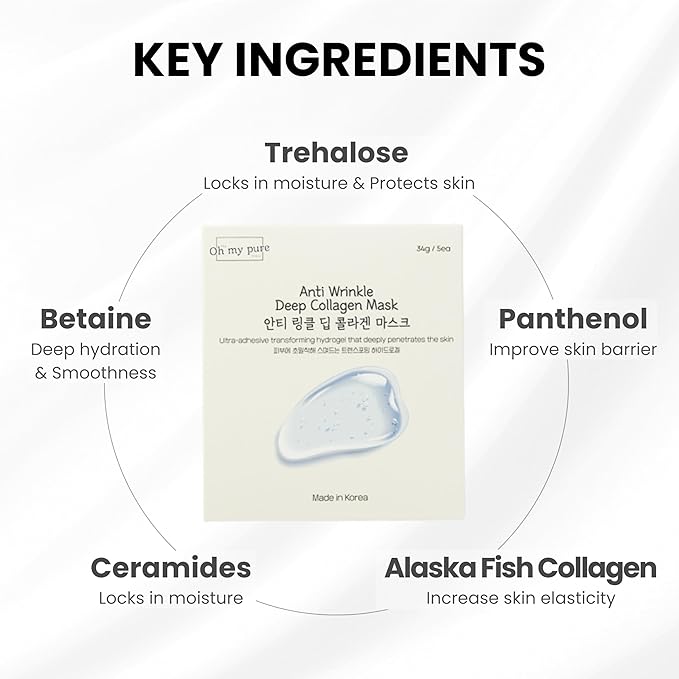Collagen Hydrogel AntiWrinkle Deep Face Mask 15 EA Ultimate Hydration, Improves Skin Texture, Affordable Luxury, Glowing Skin, Reduces Fine Lines & Wrinkles, Made in Korea OHMYPURE (15, Deep Collagen)