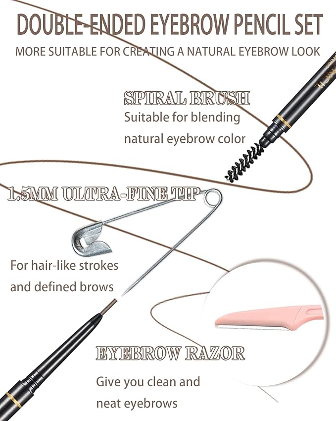 Dark Brown Eye Brow Pencils for Women, 6Pcs Waterproof Eyebrow Pencil, 1.5mm Micro-Fine Tip & Spiral Brush with Brow Razors Perfect for Creating a Natural and Delicate Eyebrow Look Makeup