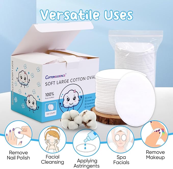 Oval Cotton Pads (100-Count)- 100% Pure Cotton, Gentle Enough for Babies, Soft Texture, Large Size, Lint-Free, Double Sided, Hypoallergenic, Use Wet or Dry