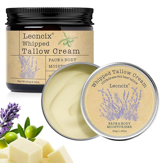2PC Grass-Fed Beef Tallow for Skin,Tallow Face Moisturizer All-Natural Skin Care,Beef Tallow for Body & Face Moisturizer(Lavender,2.12+1.06Oz)