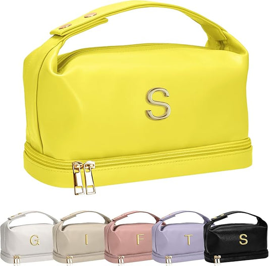 Gifts for Women 30s, Personalized Makeup Bag with Handle, Initial Double Layer Cosmetic Bag with Makeup Brush Organizer, Cute Cosmetic Pouch for Women, Gifts for Friends Female Mom