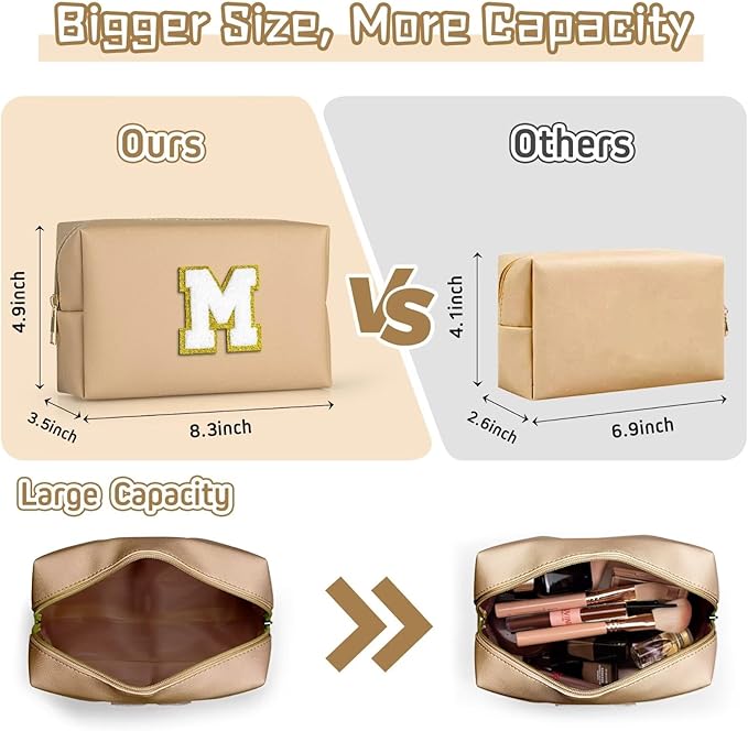 TOPEAST Small Makeup Bag Initial Cosmetic Bag Travel Toiletry Bag, Personalized Birthday Gift for Mom Sister Friends Teacher Nurse, Preppy Travel Stuff for Girls (Khaki O)