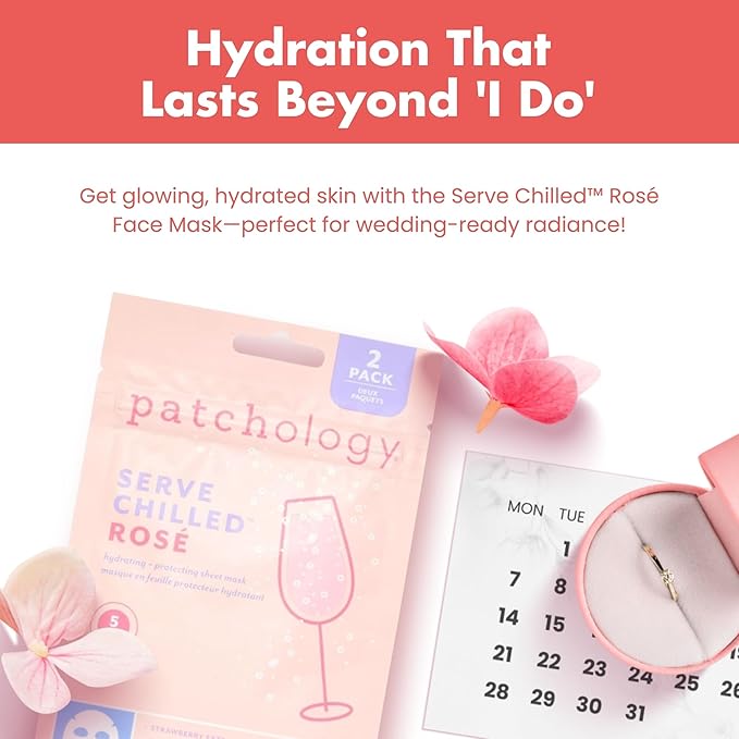 Patchology Serve Chilled Rosé Facial Sheet Mask - Hydrating & Soothing Face Mask with Hyaluronic Acid for Glowing Skin, Rosé Scented Skin Care Treatment, Self-Care Spa Experience at Home - 2 Pairs