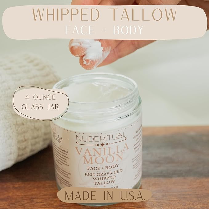 100% Grass-Fed Whipped Tallow Balm for Skin Care – Face + Body – Natural Moisturizer Lotion, 4 oz (Vanilla Moon)