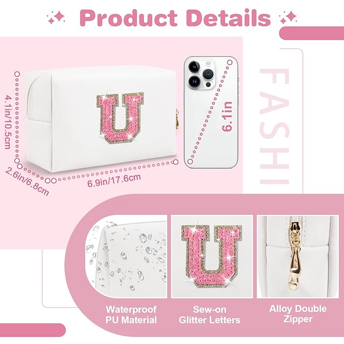Small Initial Patch Makeup Bag Personalized Gifts Make Up Bag,White Cute PU Leather Glitter Letter Cosmetic Bag with Zipper,Trendy Portable Travel Toiletry Pouch,Preppy Stuff for Teen Girls Women U