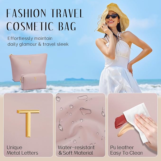 Women Gifts | Initial Makeup Bag Set for Girl Personalized Gifts for Bridesmaid Friend Graduation Teachers PU Leather Cosmetic Travel Toiletry Bag(Pink,T)