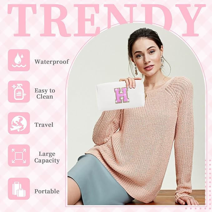 Small Initial Patch Makeup Bag Personalized Gifts Make Up Bag,White Cute PU Leather Glitter Letter Cosmetic Bag with Zipper,Trendy Portable Travel Toiletry Pouch,Preppy Stuff for Teen Girls Women H