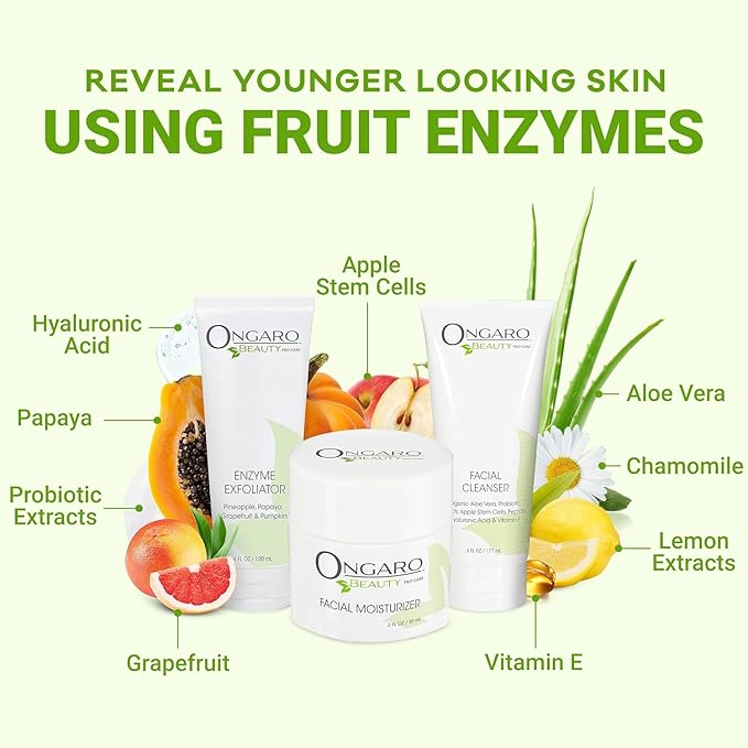 Ongaro Beauty Your Best Skin Today Set - Hydrating Facial Cleanser Wash, Gentle Exfoliating Face Scrub, and Hydrating Face Moisturizer, Complete Skincare for All Skin Type for Men & Women - 12 Fl Oz