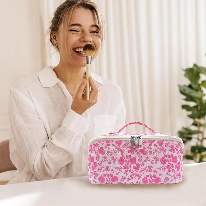 Pink Large Quilted Floral Makeup Bag Cute Coquette Aesthetic Cosmetic Bag Open Flat Travel Toiletry Make up Bag for Women