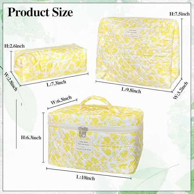 Yellow Large Quilted Floral Makeup Bag Set of 3 Cute Coquette Aesthetic Cosmetic Bag Set Travel Toiletry Bag for Women