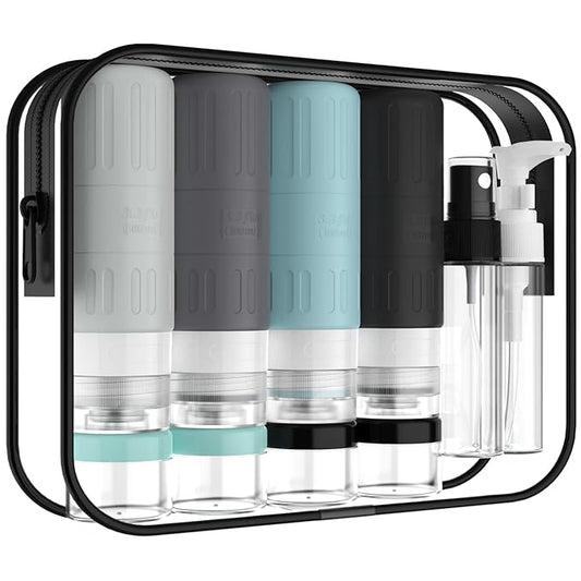 GLAMFIELDS Travel Bottles for Toiletries,TSA Approved 3.3oz Size LeakProof Silicone Toiletry Containers for Shampoo, Conditioner,Easy to Squeeze，Portable Travel Essentials for Lotion(18 Pack) Gray