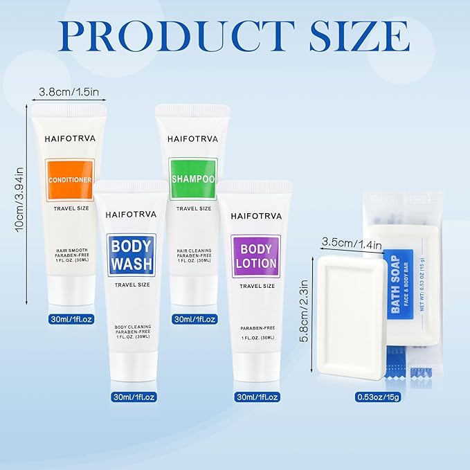 50 Pcs 5-IN-1 Hotel Soaps and Toiletries Bulk Set,5-Piece Set Mini Bulk Travel Size Toiletries Set 1 oz each Shampoo,Conditioner, Body Wash and Lotion,0.53 oz Soap Hotel Supplies for Guests,Homeless
