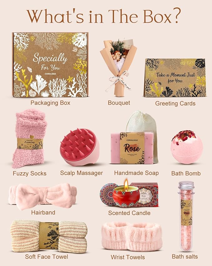 Coralogo Rose Spa Gift Baskets - Natural Pampering Spa Set, Self-Care Beauty Gift Basket, Wellness Bath & Body Works, Unique Gifts for Birthday, Valentines Day, Mothers Day for Mom, Wife, Her