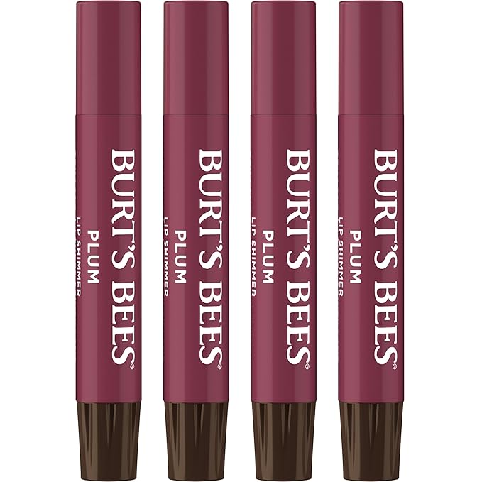 Burt's Bees Shimmer Lip Tint Set, Tinted Lip Balm Stick, Moisturizing for All Day Hydration with Natural Origin Glowy Pigmented Finish & Buildable Color, Plum (4-Pack)