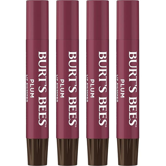 Burt's Bees Shimmer Lip Tint Set, Tinted Lip Balm Stick, Moisturizing for All Day Hydration with Natural Origin Glowy Pigmented Finish & Buildable Color, Plum (4-Pack)