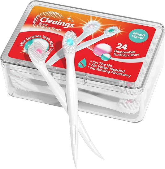 cleaings® Mini Brushes-Disposable Toothbrushes with Toothpaste and Pick for Work or Travel, 24 Count (Mint Flavor（Pack of 5）)