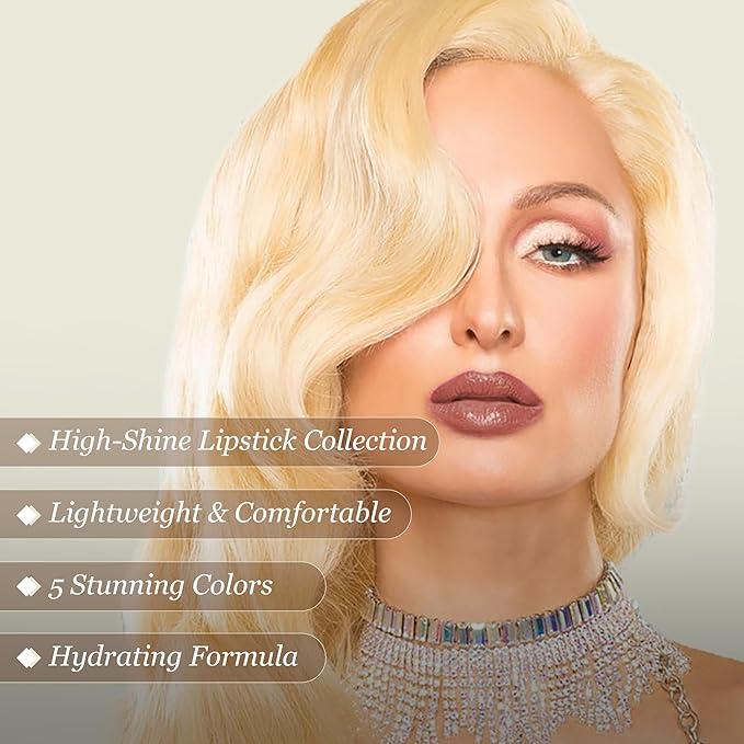 Paris Hilton High-Shine Lipstick Collection - Lip Makeup with Pink & Red - Glossy All Day Wear Creamy Lipstick - Lightweight, Long Lasting, Waterproof,Smudge Proof Lip Color for Women - 5 pcs Gift Set