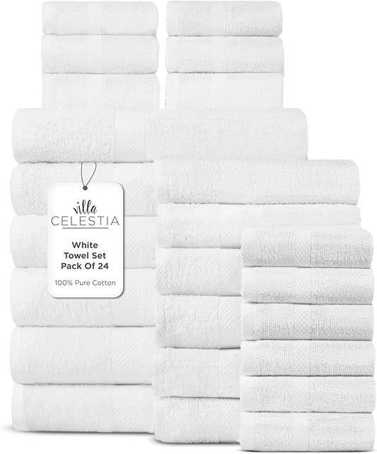 100% Cotton Bath Towel Set of 24-6 Bath Towels, 6 Hand Towels, 12 Wash Cloths, Sustainable, Soft, Highly Absorbent, Combed Cotton 24 Piece Set for Hotels, Spa, Bathroom, Dorm, White