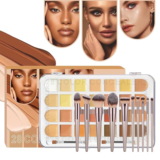 Professional 28 Colors Cream Concealer Camouflage Makeup Palette Contouring Kit, 10 Makeup Brushes, Face Eye Body Cosmetic Foundation, Contour, Repairs Redness, Dull, Dark Circles