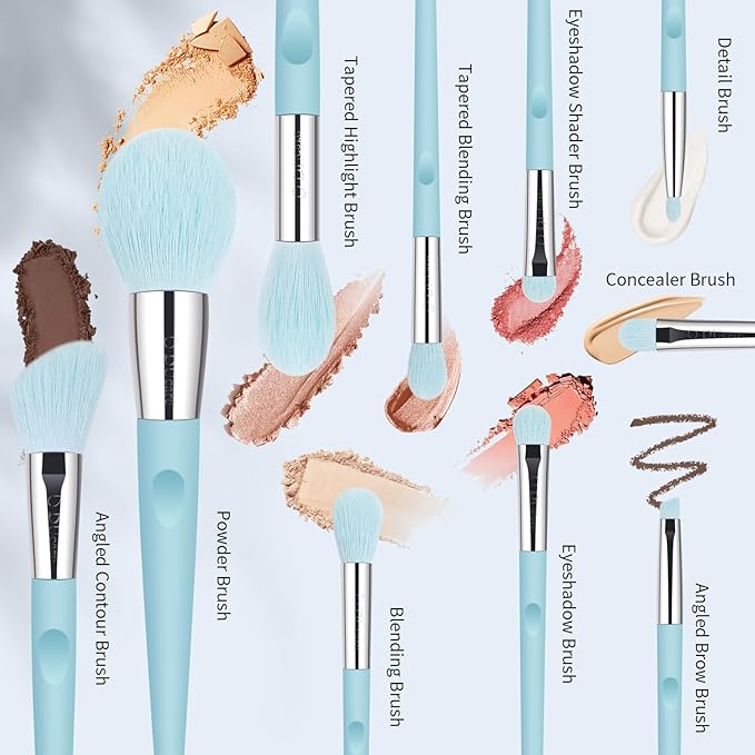 DUcare Makeup Brushes with Holder - 10Pcs Professional Synthetic Make Up Brushes Set for Blush Concealer Foundation Bronzer Powder Eyebrow Contour Eyeshadow Blending Makeup Brush Set, Ice Lake Blue