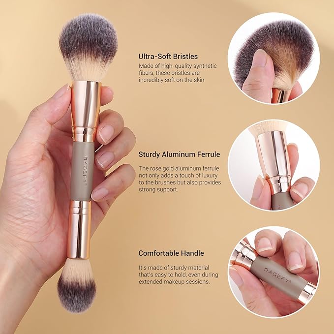 MAGEFY Makeup Brushes 12Pcs with Bag, Double-End Multi-functional for Foundation Powder Blush Eyeliner Eyeshadows brushes with Gift Box,Champagne