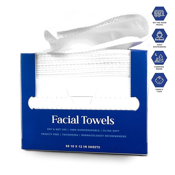 Disposable Facial Towels XL (50 Count) – Biodegradable, Ultra-Soft, Lint-Free Face Towels for Sensitive Skin, Makeup Removal & Skincare