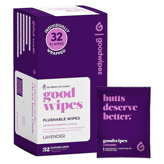 goodwipes Flushable Wipes - Individually Wrapped Butt Wipe for On-the-Go Adults - Portable Mini Wipes - Travel Essentials - Sewer & Septic Safe - Lavender, 32 Count (1 Pack)