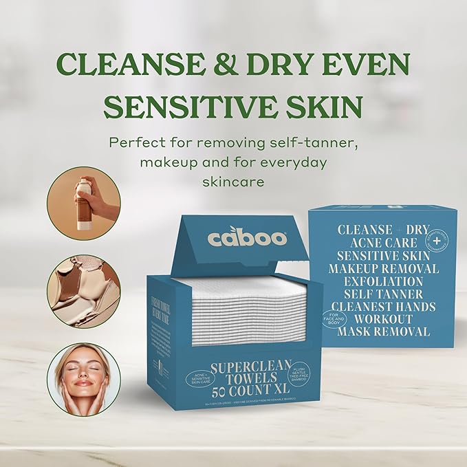 Caboo Bamboo Disposable Face Towels – 50 Soft, Lint-Free Towels (10x11.5”) | Biodegradable, Eco-Friendly & Extra Large | Gentle Alternative to Makeup Wipes or Washcloths